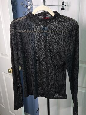 Guess Black Sheer Logo Long Sleeve Top